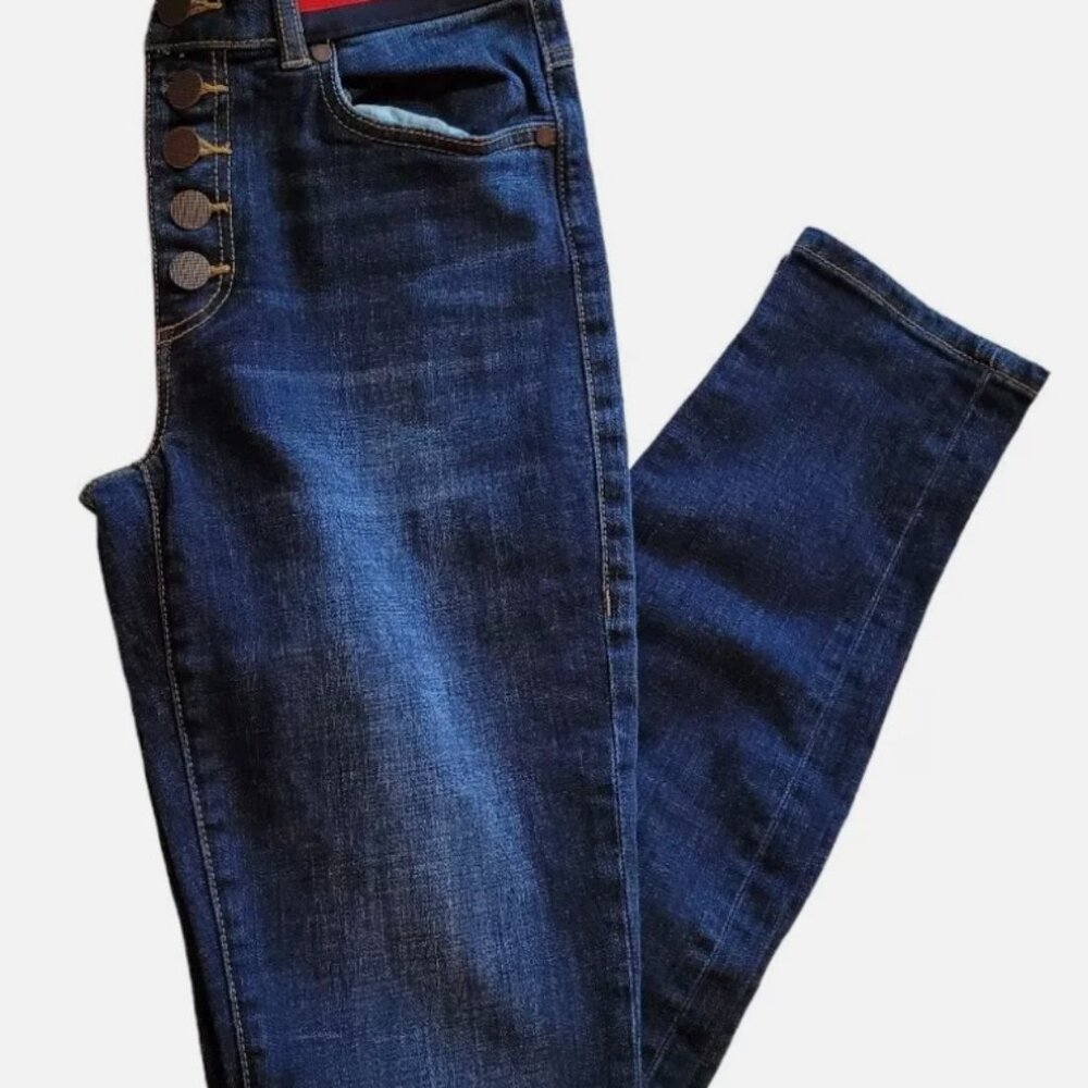 Cabi Dark Wash Jeans - Size 6 with Unique Button-Up Front and Stretchable Back